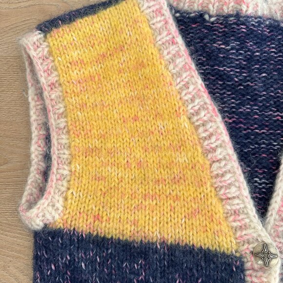 Handmade Knit Wool Button Down Knit Vest sz M - Marled Blue & Pink / Yellow - Picture 2 of 11